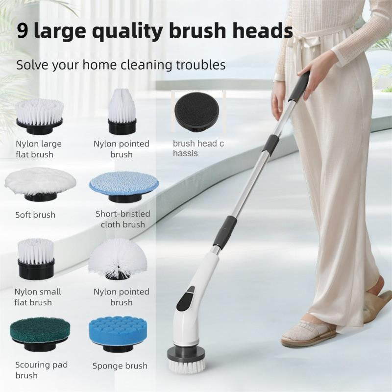 Multi Functional,Electric Cleaning Brush, Equipped with 9 Brush Head Replacements, Extendable Adjustable Handle, Suitable for Household Floor, Room, Bathroom, Bathtub, Tile and Vehicle Cleaning Cleaning Kitchen Brush Durable Power Scrubber